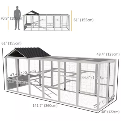PawHut 142" Outdoor Wooden Chicken Coop with Run, Ramps, Perches, Storage - Image 3