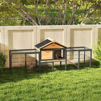 PawHut Rabbit Hutch Outdoor, 85"L Large with Run Box, Removable Plastic Tray, Roof, Ramp - Image 2