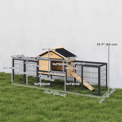 PawHut Rabbit Hutch Outdoor, 85"L Large with Run Box, Removable Plastic Tray, Roof, Ramp - Image 3