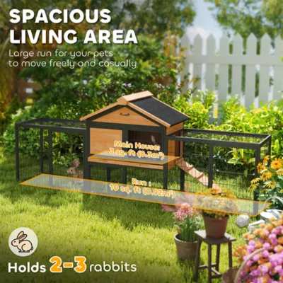 PawHut Rabbit Hutch Outdoor, 85"L Large with Run Box, Removable Plastic Tray, Roof, Ramp - Image 4