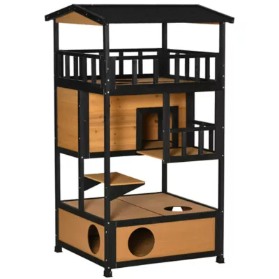 PawHut 4-Floor Wood Outdoor Cat House Catio with Condo, Fun Entrances, Perch - Image 1