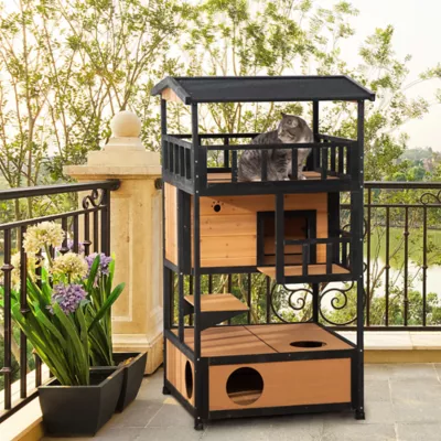 PawHut 4-Floor Wood Outdoor Cat House Catio with Condo, Fun Entrances, Perch - Image 2