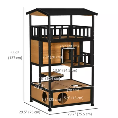 PawHut 4-Floor Wood Outdoor Cat House Catio with Condo, Fun Entrances, Perch - Image 3