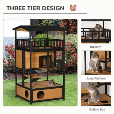 PawHut 4-Floor Wood Outdoor Cat House Catio with Condo, Fun Entrances, Perch - Image 4