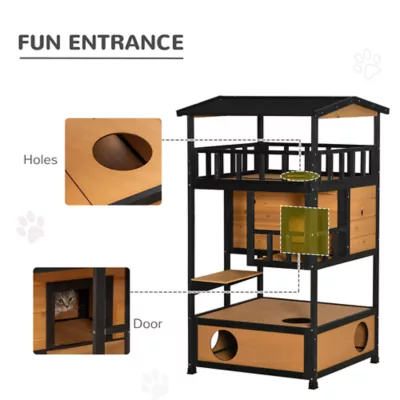 PawHut 4-Floor Wood Outdoor Cat House Catio with Condo, Fun Entrances, Perch - Image 5