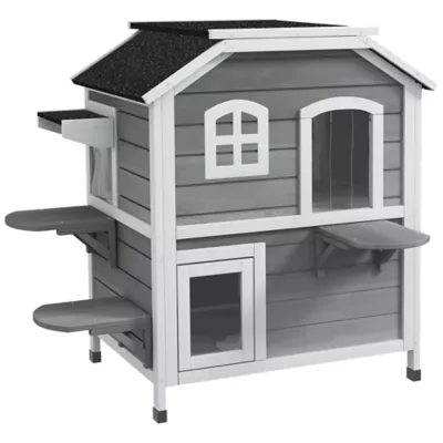 PawHut 2-Storey Outdoor Cat House, Wooden Catio with Openable Roof, Lounge Space, Fun Entrances - Image 1