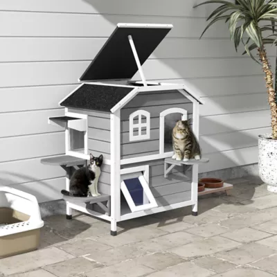 PawHut 2-Storey Outdoor Cat House, Wooden Catio with Openable Roof, Lounge Space, Fun Entrances - Image 2