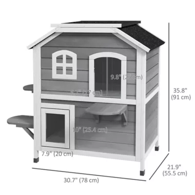 PawHut 2-Storey Outdoor Cat House, Wooden Catio with Openable Roof, Lounge Space, Fun Entrances - Image 3