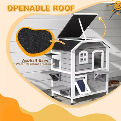 PawHut 2-Storey Outdoor Cat House, Wooden Catio with Openable Roof, Lounge Space, Fun Entrances - Image 4