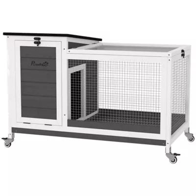 PawHut Wooden Rabbit Hutch with Pull-Out Tray, Asphalt Openable Roof, Small Animal Cage on Wheels - Image 1
