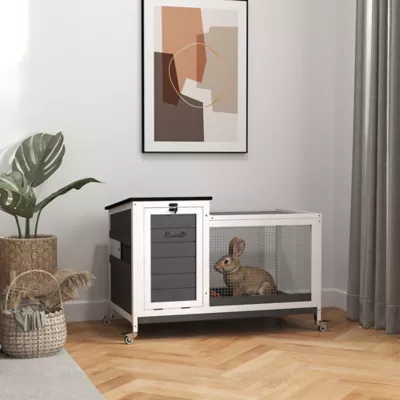 PawHut Wooden Rabbit Hutch with Pull-Out Tray, Asphalt Openable Roof, Small Animal Cage on Wheels - Image 2