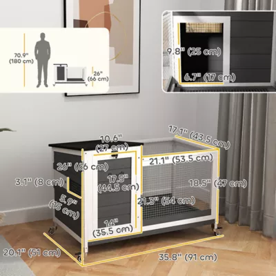 PawHut Wooden Rabbit Hutch with Pull-Out Tray, Asphalt Openable Roof, Small Animal Cage on Wheels - Image 3