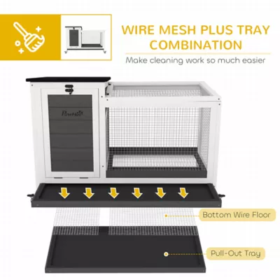 PawHut Wooden Rabbit Hutch with Pull-Out Tray, Asphalt Openable Roof, Small Animal Cage on Wheels - Image 4