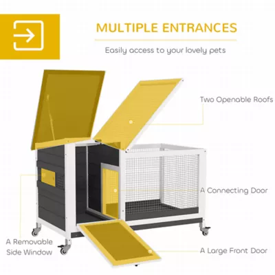 PawHut Wooden Rabbit Hutch with Pull-Out Tray, Asphalt Openable Roof, Small Animal Cage on Wheels - Image 5