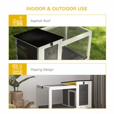 PawHut Wooden Rabbit Hutch with Pull-Out Tray, Asphalt Openable Roof, Small Animal Cage on Wheels - Image 7
