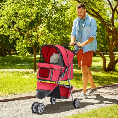 PawHut 3 Wheels Foldable Dog Stroller with Storage Basket, Adjustable Canopy, Cupholder - Small Dogs - Image 2