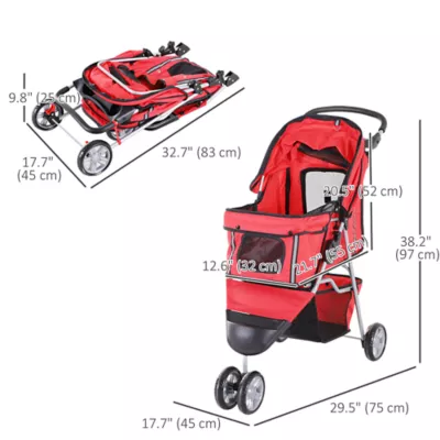 PawHut 3 Wheels Foldable Dog Stroller with Storage Basket, Adjustable Canopy, Cupholder - Small Dogs - Image 3