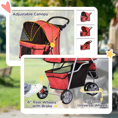 PawHut 3 Wheels Foldable Dog Stroller with Storage Basket, Adjustable Canopy, Cupholder - Small Dogs - Image 6