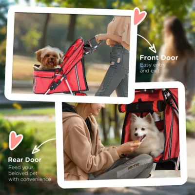 PawHut 3 Wheels Foldable Dog Stroller with Storage Basket, Adjustable Canopy, Cupholder - Small Dogs - Image 7