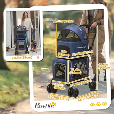 PawHut 3-in-1 Double Pet Stroller with Removable Carrier, Foldable Travel Carrier Bag - Image 3