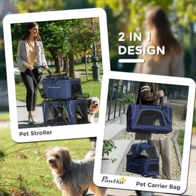 PawHut 3-in-1 Double Pet Stroller with Removable Carrier, Foldable Travel Carrier Bag - Image 5