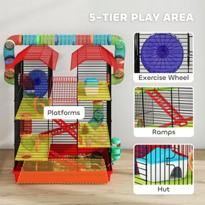 PawHut Hamster Habitat, 5 Tiers with Tunnel Tube System, Exercise Wheel and Water Bottle - Image 4