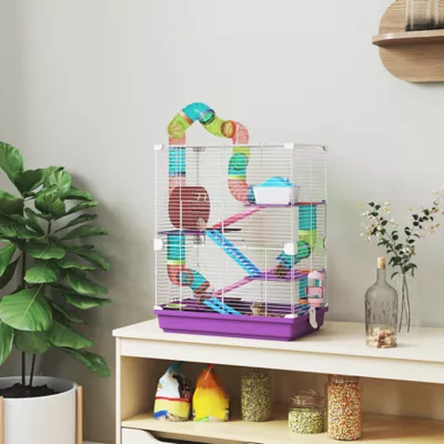 PawHut 5-Tier Hamster Cage with Exercise Wheel, Play Tube, Water Bottle, Dish, Ladder - Image 2