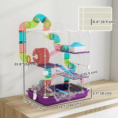 PawHut 5-Tier Hamster Cage with Exercise Wheel, Play Tube, Water Bottle, Dish, Ladder - Image 3