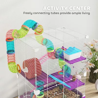 PawHut 5-Tier Hamster Cage with Exercise Wheel, Play Tube, Water Bottle, Dish, Ladder - Image 4