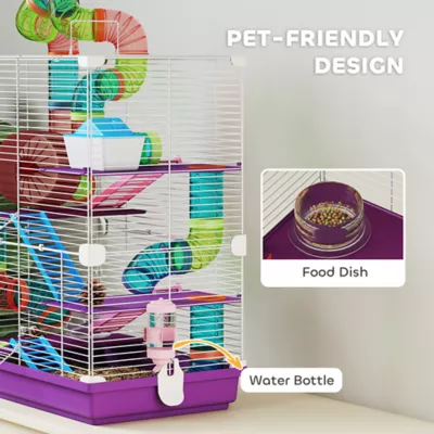 PawHut 5-Tier Hamster Cage with Exercise Wheel, Play Tube, Water Bottle, Dish, Ladder - Image 5