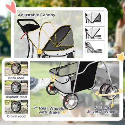 PawHut Pet Stroller - Foldable Dog Stroller with Wheels, Reflective Strips, Brake, Pad and Basket - Image 6