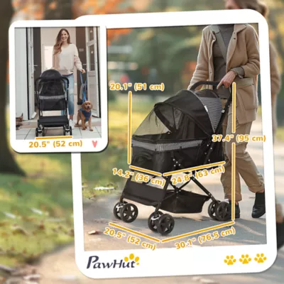 PawHut Foldable Travel Carriage, 4 Wheels Pet Stroller with EVA Wheel Brake and 3-stage Canopy - Image 3