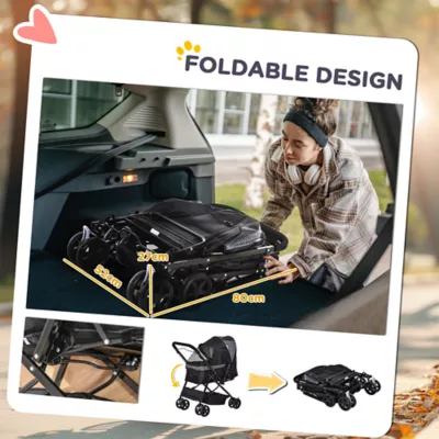PawHut Foldable Travel Carriage, 4 Wheels Pet Stroller with EVA Wheel Brake and 3-stage Canopy - Image 6