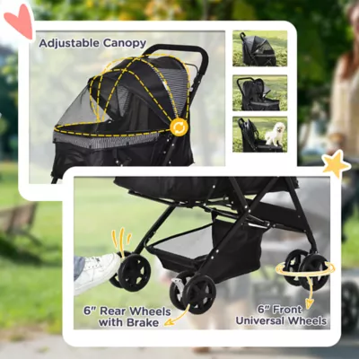 PawHut Foldable Travel Carriage, 4 Wheels Pet Stroller with EVA Wheel Brake and 3-stage Canopy - Image 7