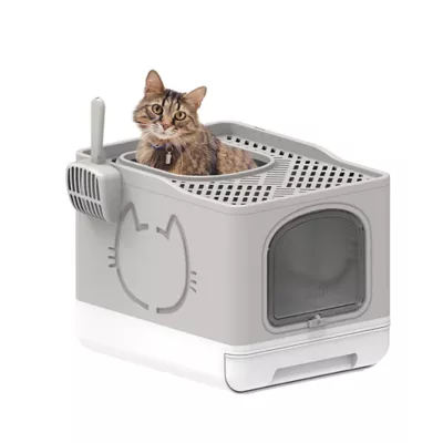 All For Paws Foldable Cat Litter Box W/ Litter Trapping Step & Multiple Access Points- Sand - Image 1
