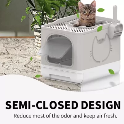All For Paws Foldable Cat Litter Box W/ Litter Trapping Step & Multiple Access Points- Sand - Image 6