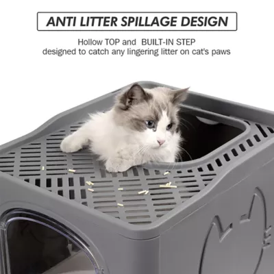 All For Paws Foldable Cat Litter Box W/ Litter Trapping Step & Multiple Access Points--Gray - Image 3