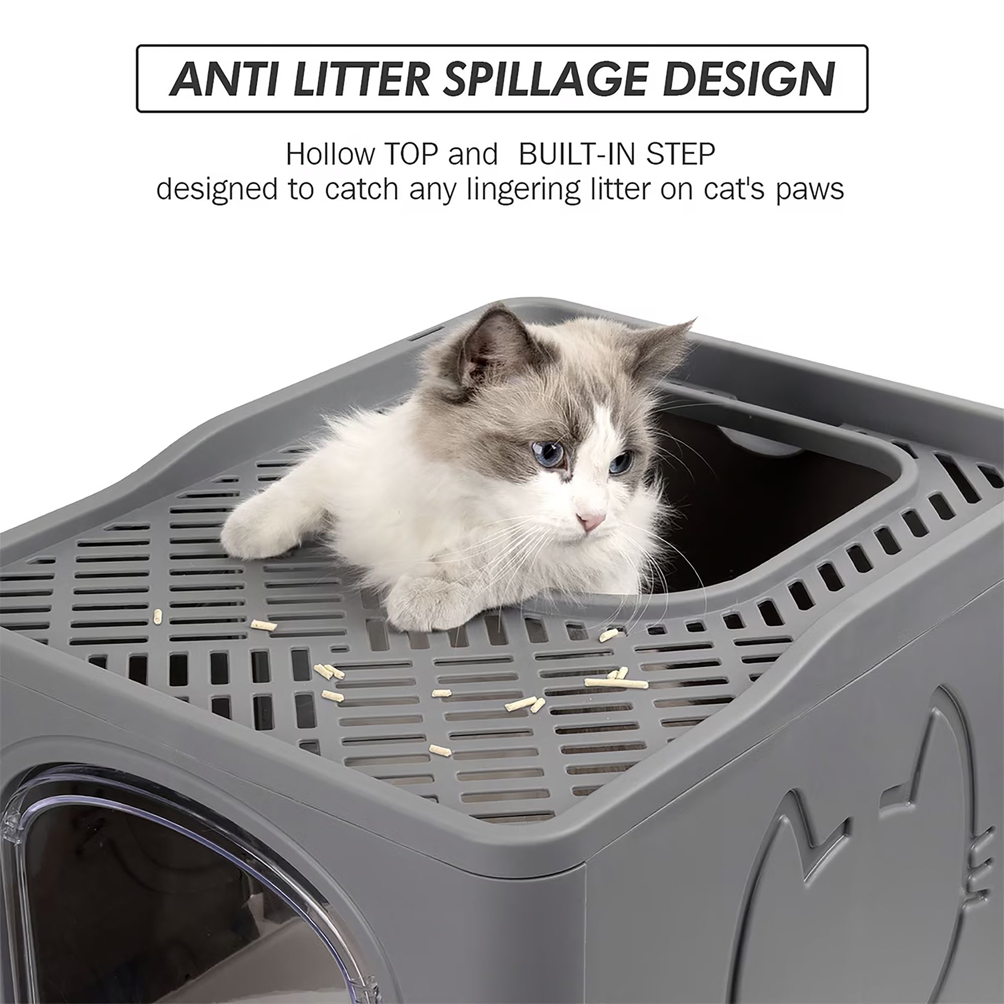 All For Paws Foldable Cat Litter Box W/ Litter Trapping Step & Multiple Access Points--Gray - thumbnail 3