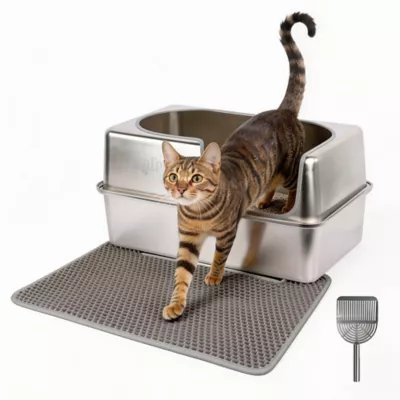 All For Paws All Stainless Steel Hooded Cat Litter Box W/ lLitter Scoop & Anti-Tracking Mat - Image 2