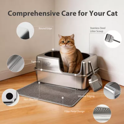 All For Paws All Stainless Steel Hooded Cat Litter Box W/ lLitter Scoop & Anti-Tracking Mat - Image 3