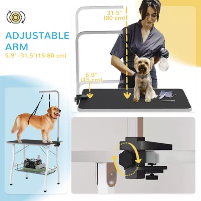 PawHut Dog Grooming Table w/ Adjustable Arm, Mesh Tray, Rubber Surface - Image 4