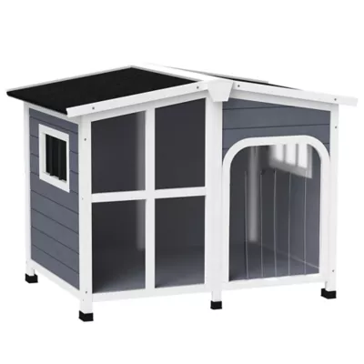 PawHut Wooden Dog House, Raised Pet Kennel with Removable Bottom, Openable Asphalt Roof, Door - Image 1