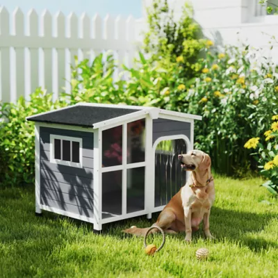 PawHut Wooden Dog House, Raised Pet Kennel with Removable Bottom, Openable Asphalt Roof, Door - Image 2