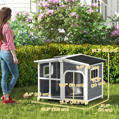 PawHut Wooden Dog House, Raised Pet Kennel with Removable Bottom, Openable Asphalt Roof, Door - Image 3