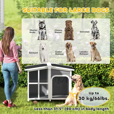 PawHut Wooden Dog House, Raised Pet Kennel with Removable Bottom, Openable Asphalt Roof, Door - Image 4