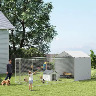 PawHut Galvanized Steel Dog Kennel with Waterproof & UV-Resistant Cover, 19.7' x 7.5' x 4.9' - Image 2