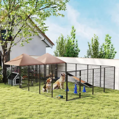 PawHut Large Outdoor Dog Kennel with 2 Rooms, Rotating & Adjustable Height Bowls,13.5' x 9.4' x 5.1' - Image 2