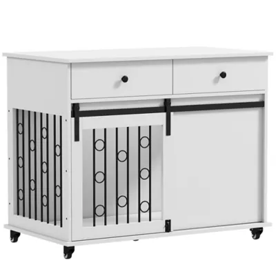 PawHut 39" Dog Crate Furniture, Dog Kennel Indoor with 2 Drawers, Wheels, Sliding Door - Image 1