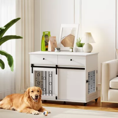 PawHut 39" Dog Crate Furniture, Dog Kennel Indoor with 2 Drawers, Wheels, Sliding Door - Image 2