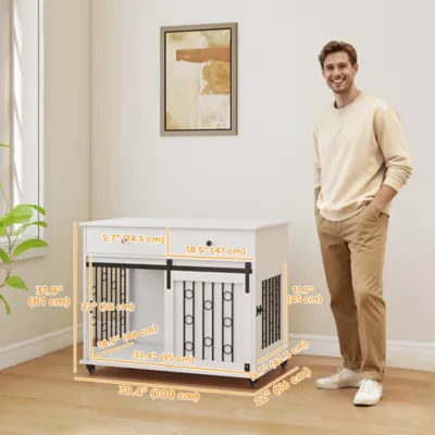 PawHut 39" Dog Crate Furniture, Dog Kennel Indoor with 2 Drawers, Wheels, Sliding Door - Image 3